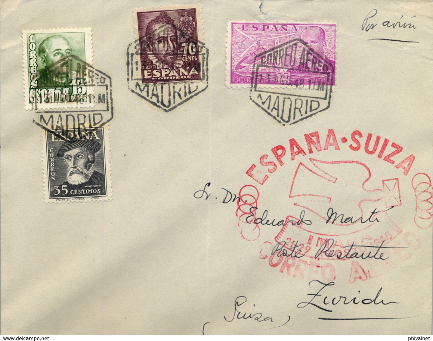 1948 MADRID , CORREO AÉREO , MADRID - ZÜRICH , ESPAÑA SUIZA - IMABA , TRÁNSITO BASILEA , LLEGADA - Covers & Documents