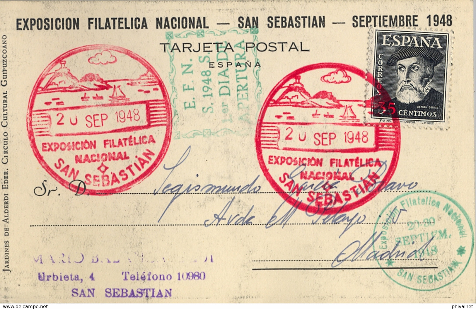 1948 GUIPÚZCOA , EXPOSICIÓN FILATÉLICA NACIONAL SAN SEBASTIAN , 1º DIA DE APERTURA - Covers & Documents