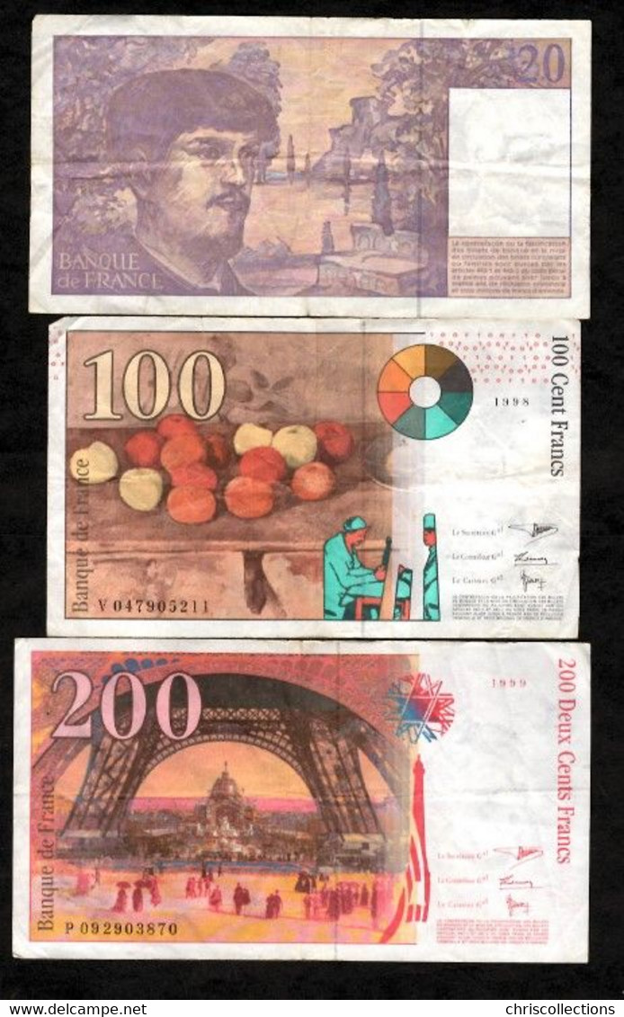 FRANCE - Lot De 3 Billets Français - 20F Debussy - 100F Cézanne - 200F Eiffel - Andere & Zonder Classificatie