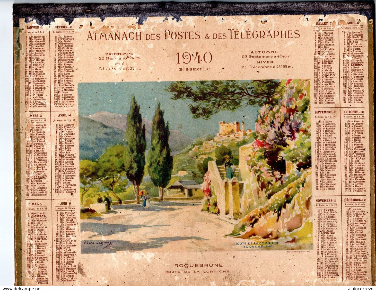 Calendrier Almanach Des Postes PTT , 1940, Département De La Corrèze Oberthur Route D Ela Corniche Roquebrune Cap Martin - Grand Format : 1921-40