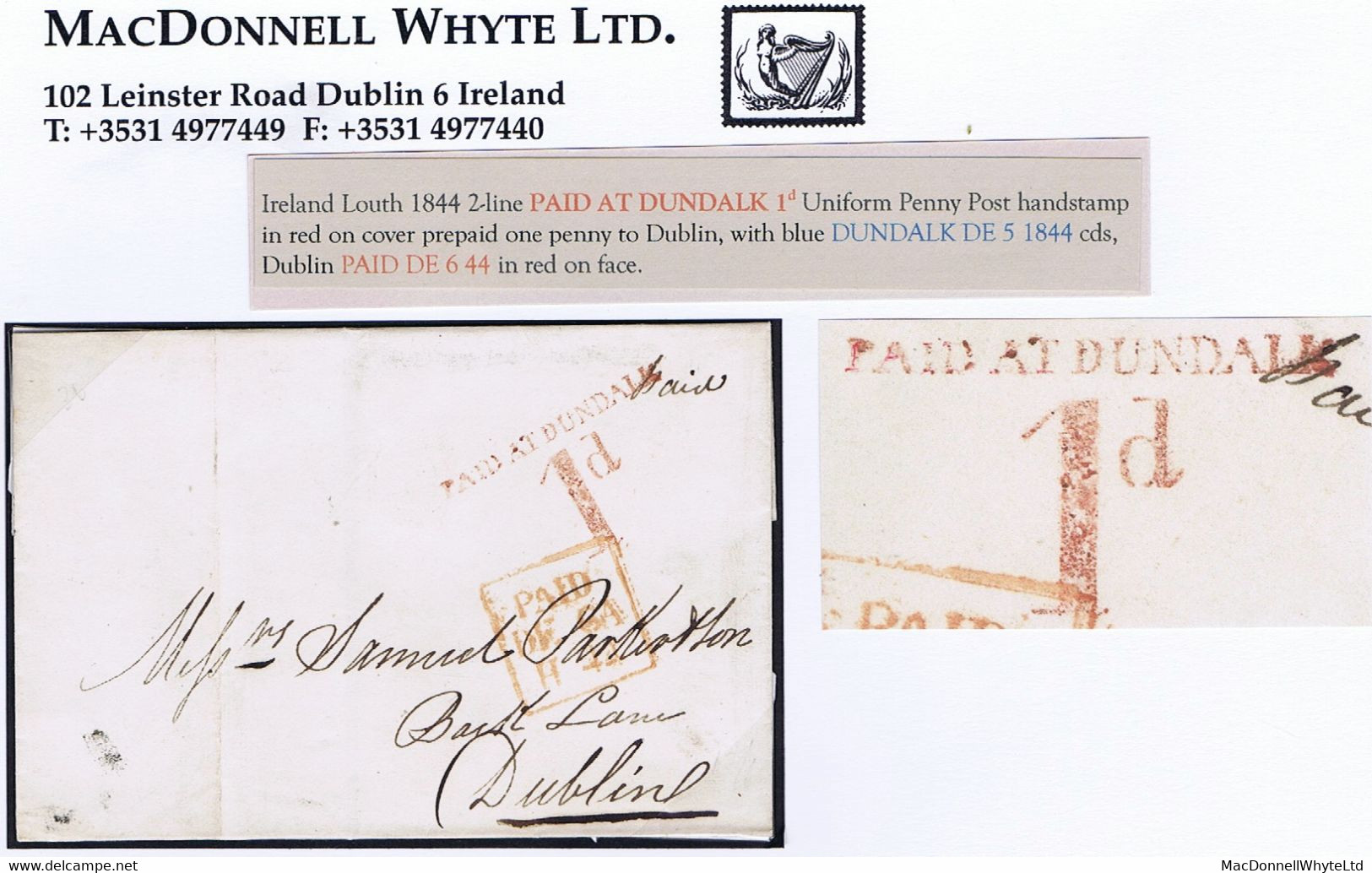 Ireland Louth Uniform Penny Post 1844 Cover To Dublin Prepaid Single With Distinctive UPP Hs PAID AT DUNDALK/1d - Prefilatelia