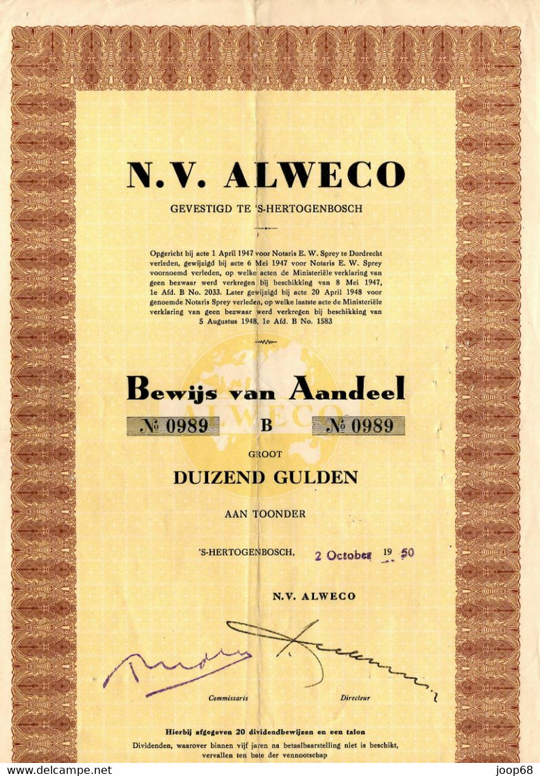 Aandeel N.V. Alweco Te S'-Hertogenbosch 1950 - Automobile