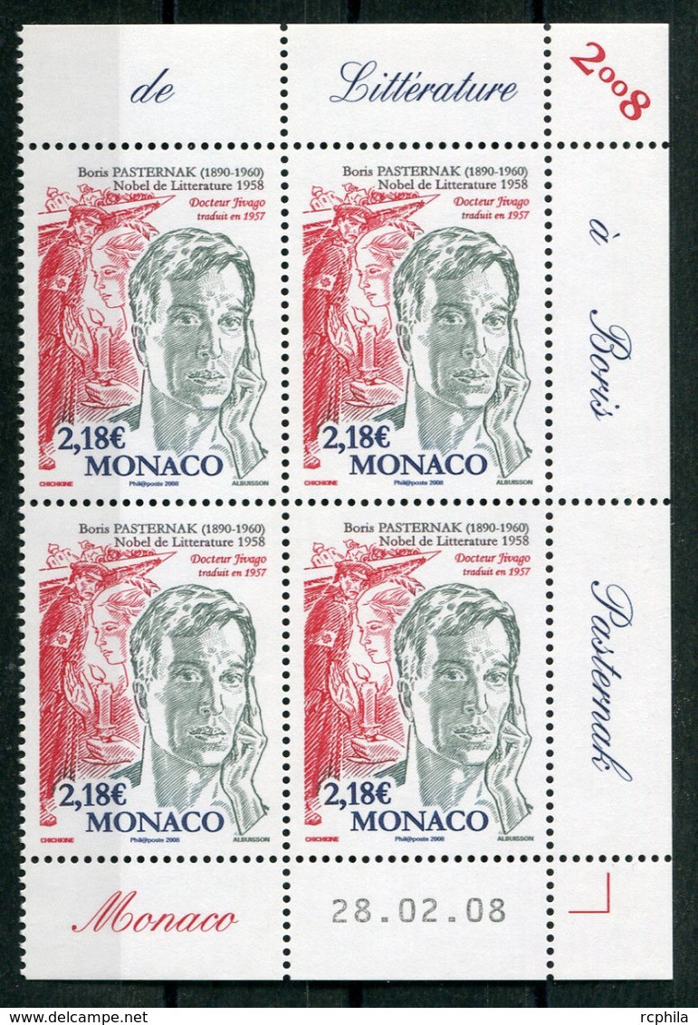 RC 18326 MONACO N° 2624 NOBEL DE LITTÉRATURE BORIS PASTERNAK BLOC DE 4 COIN DATÉ NEUF ** TB - Ungebraucht