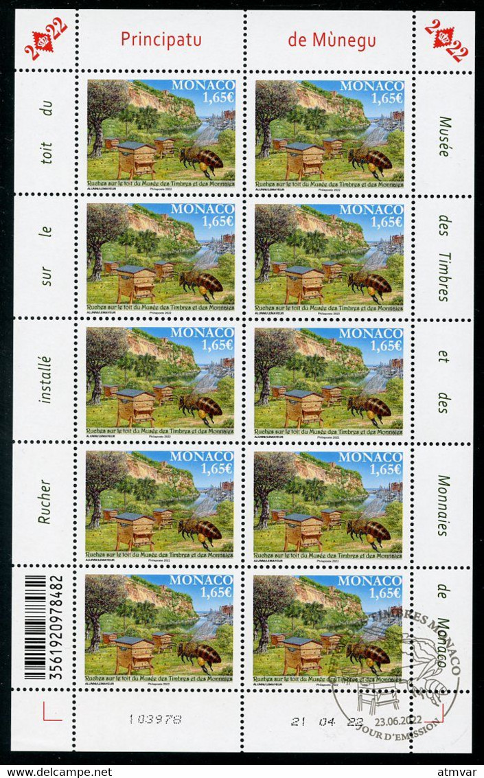 MONACO (2022) Ruches Toit Du Musée Timbres Et Monnaies, Abeilles, Hive, Bees, Abeja, Bee, Abeille - Feuille, Coin Daté - Used Stamps