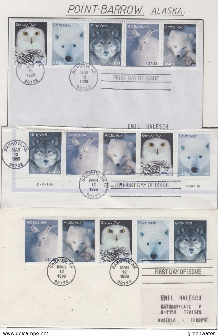 USA 1999 Arctic Animals Strip 3x 5v  3 FDC Ca Barrow AK Mar 12 1999 (PB169) - 1991-2000