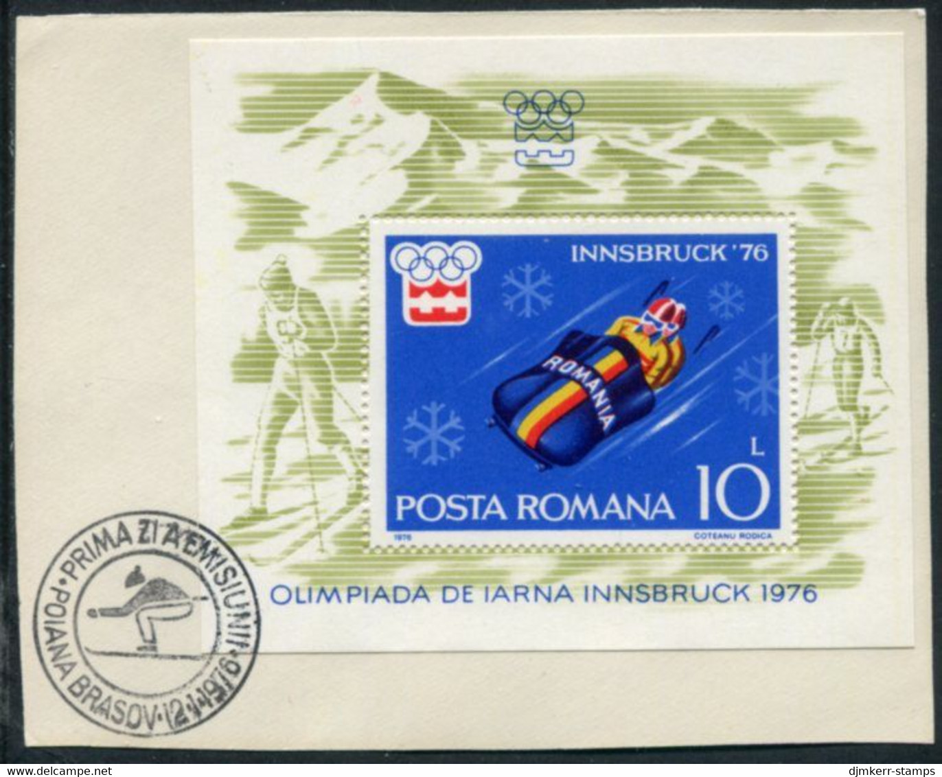 ROMANIA 1976 Winter Olympics, Innsbruck Block  Used On Piece.  Michel Block 128 - Blocks & Kleinbögen