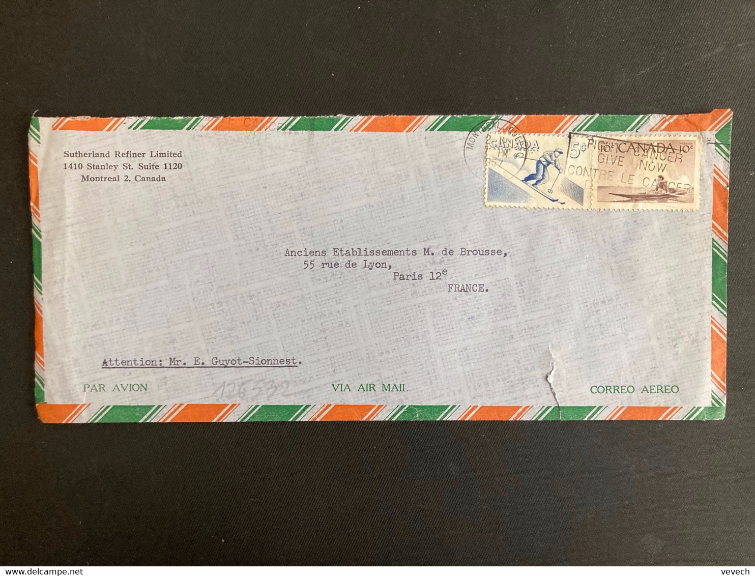 LETTRE Par Avion Pour La FRANCE TP ESQUIMAU 10c + SKIEUR 5c OBL.MEC.2 IV 1957 MONTREAL + SUTHERLAND REFINER LIMITED - Storia Postale