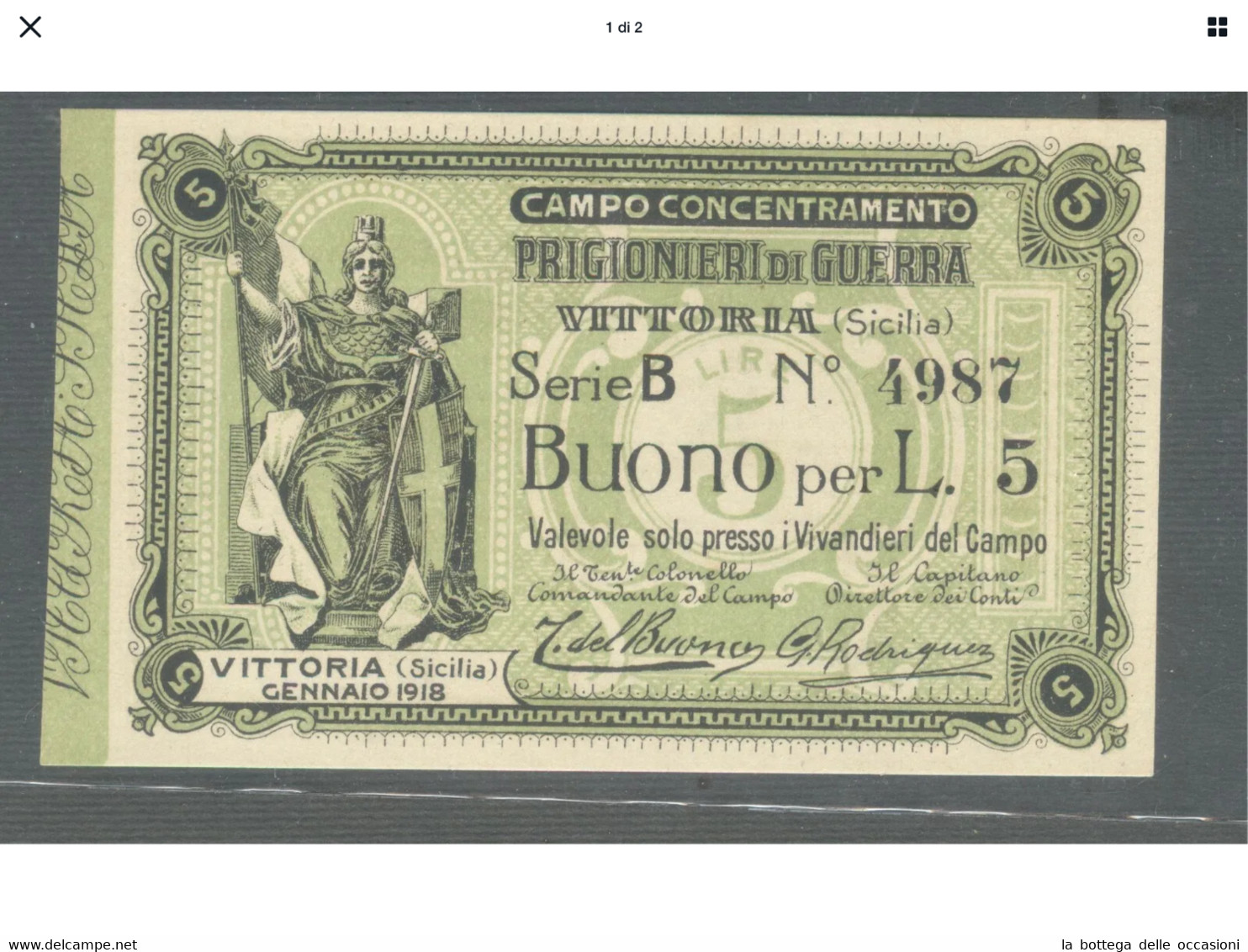 Italia Rara Banconote Da Lire Cinque Prigionieri Di Guerra Vittoria Sicilia FDS - Italia – 5 Lire
