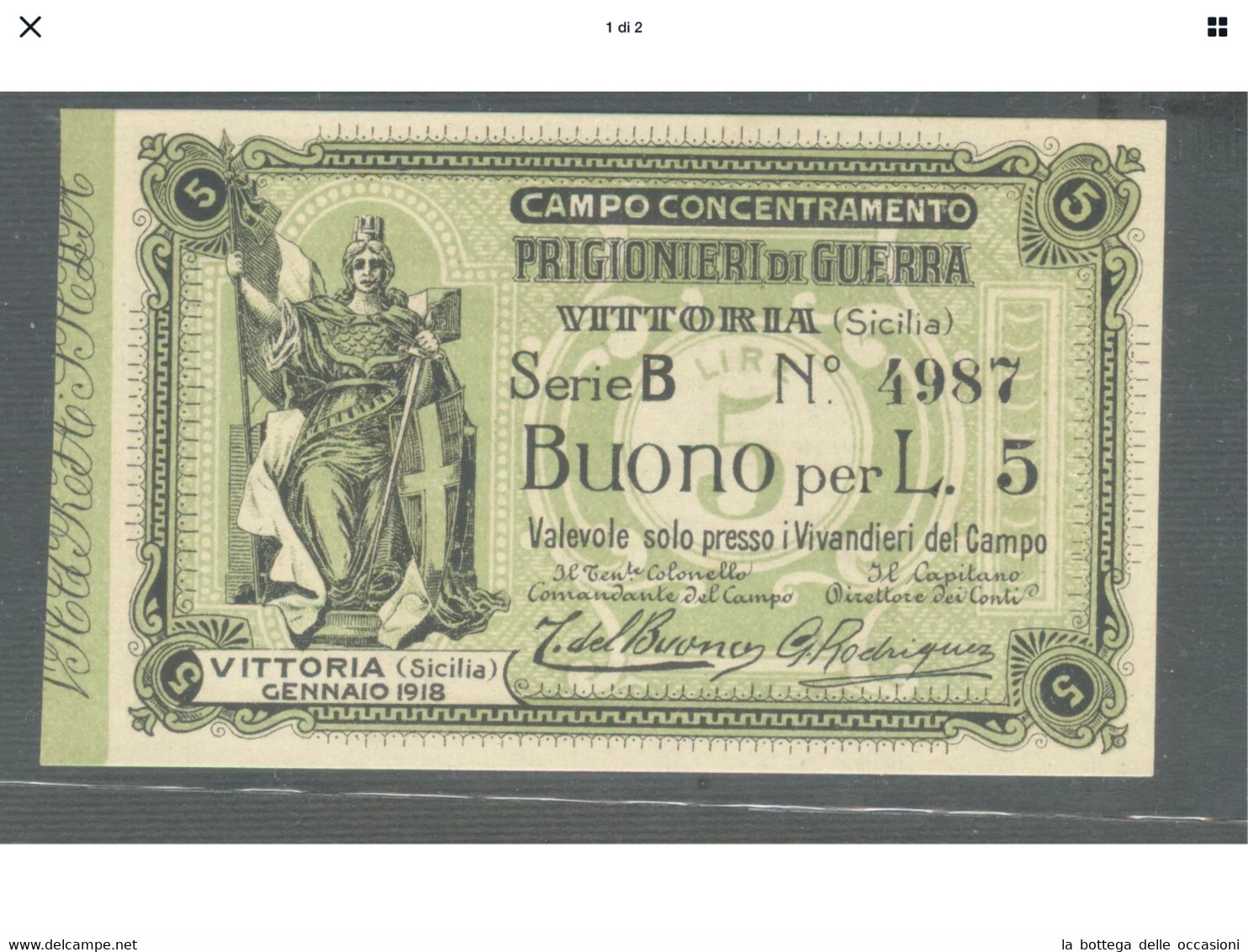 Italia Rara Banconote Da Lire Cinque Prigionieri Di Guerra Vittoria Sicilia FDS - Italië– 5 Lire