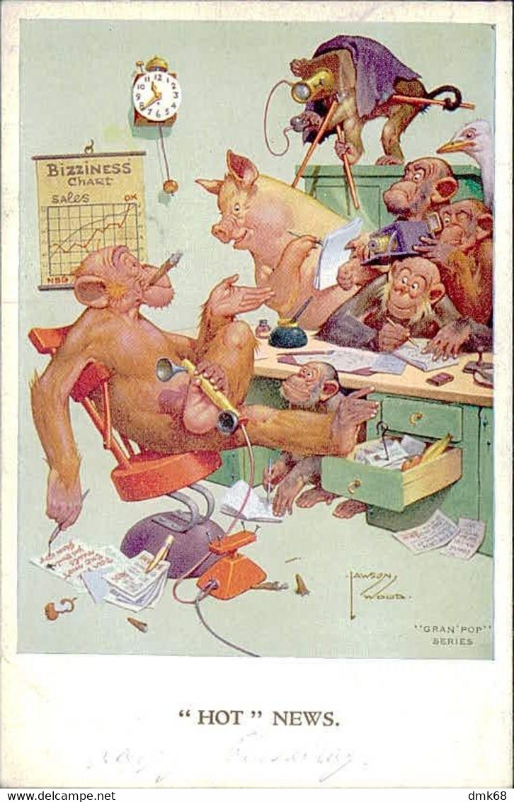 LAWSON WOOD SIGNED 1930s  POSTCARD - HOT NEWS - DRESSED MONKEY & DRESSED PIG -  N. 1907 ( 3654) - Wood, Lawson