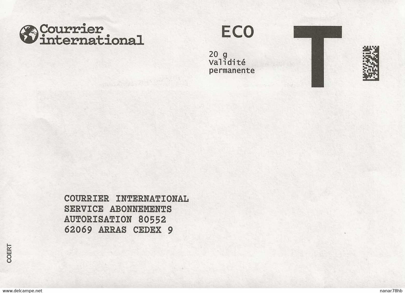 Lettre T, Courrier International, Eco 20gr - Karten/Antwortumschläge T