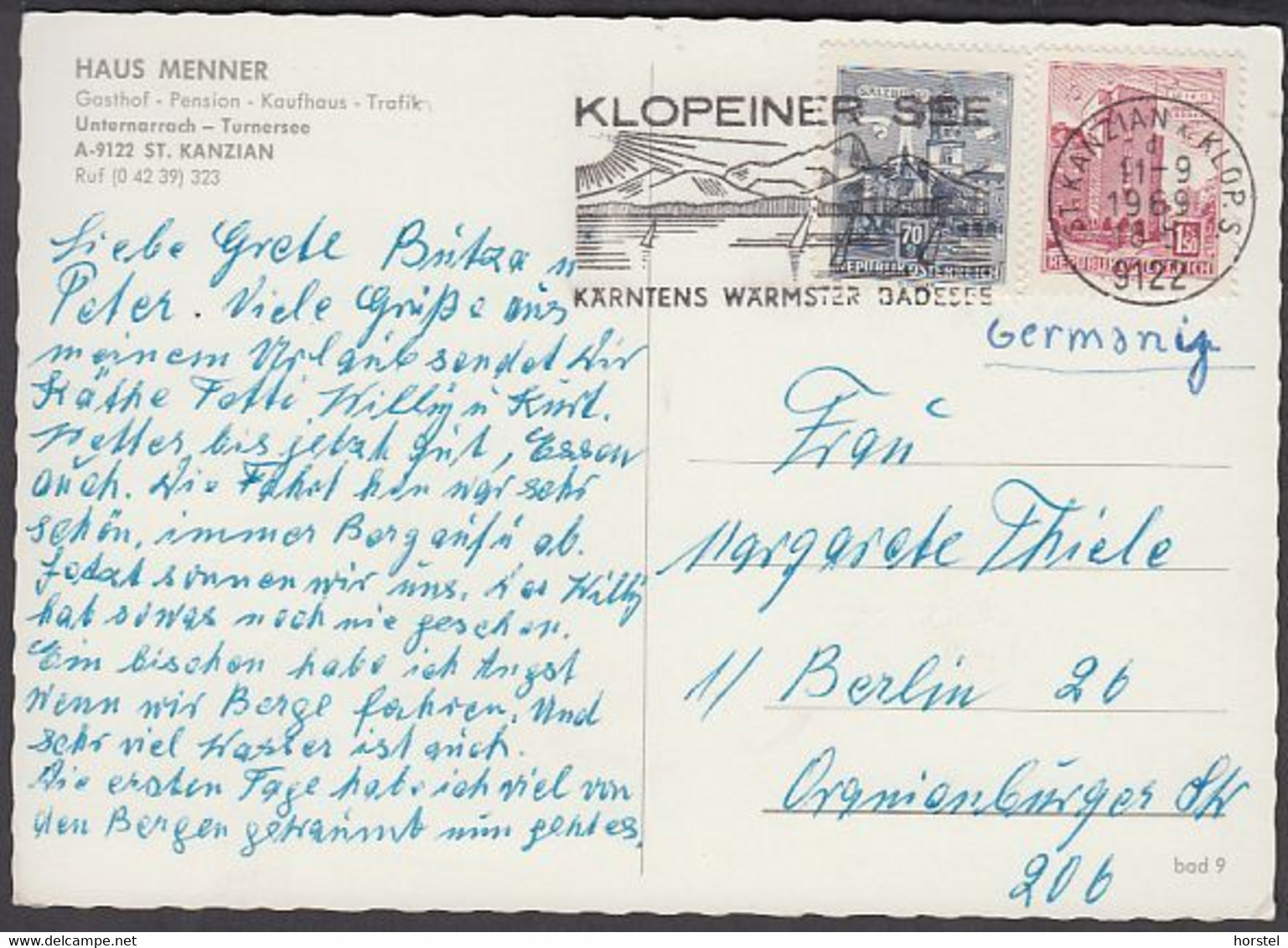 Austria - 9122 St. Kanzian  - Unternarrach- Turnersee - Haus Menner - 2x Nice Stamps 1969 - Klopeinersee-Orte