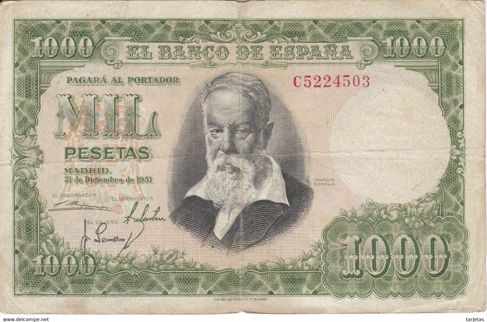 BILLETE DE ESPAÑA DE 1000 PTAS DEL 31/12/1951 SERIE C (BANKNOTE) - 1000 Peseten