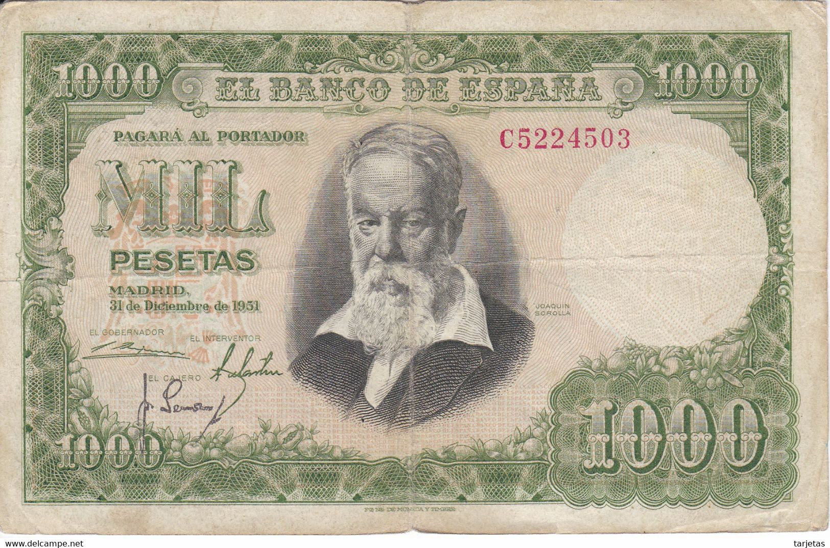 BILLETE DE ESPAÑA DE 1000 PTAS DEL 31/12/1951 SERIE C (BANKNOTE) - 1000 Pesetas