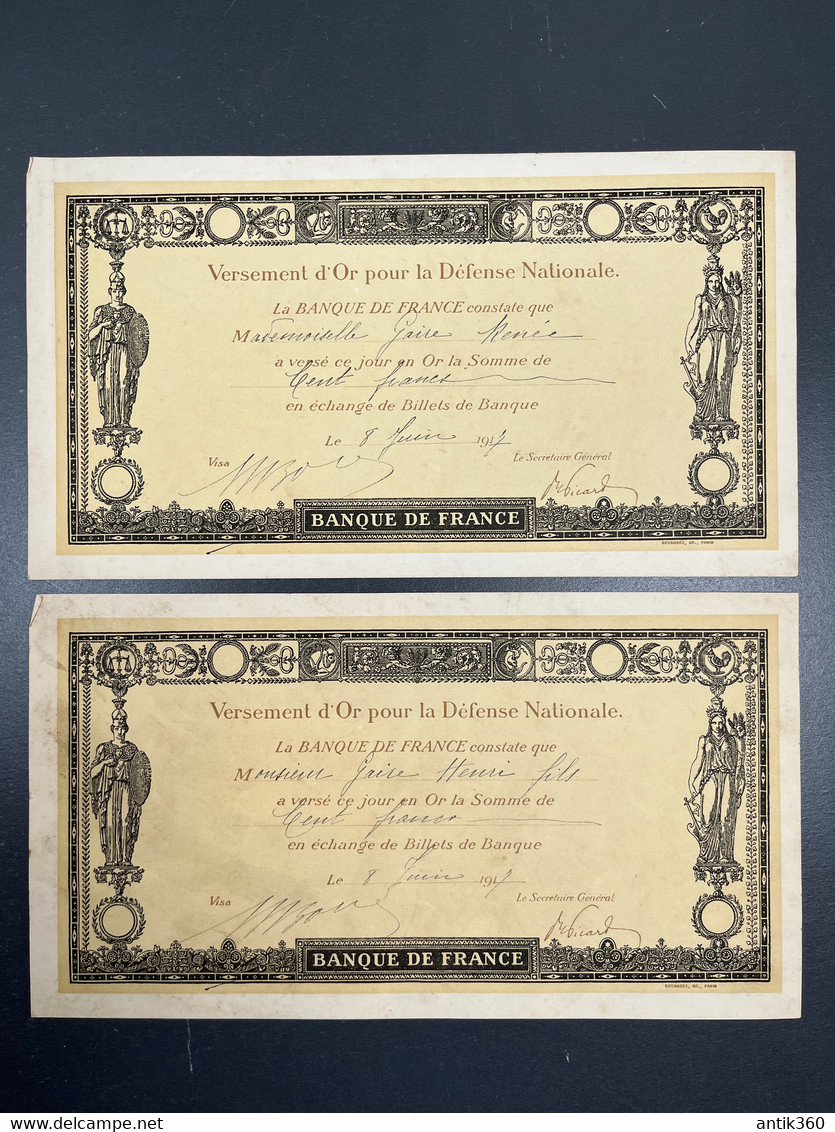 Lot De 2 Reçus Banque De France Versement D'Or Pour La France WW1 1917 - Zonder Classificatie