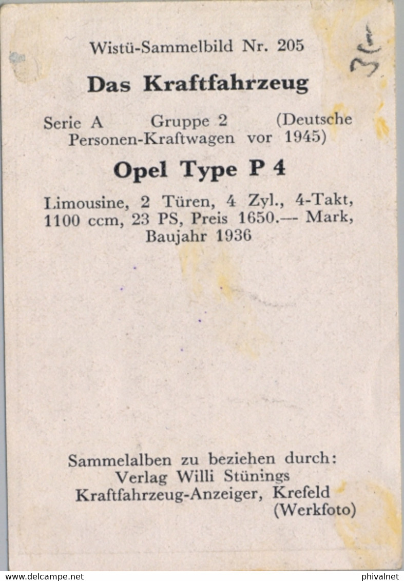 CROMO / CHROMO CHOCOLATE WISTÜ SAMMELBILD NR. 205 -  OPEL TYPE P4 , CAR , COCHE , AUTO , AUTOMÓVIL , WAGEN , LIMOUSINE - Autres & Non Classés