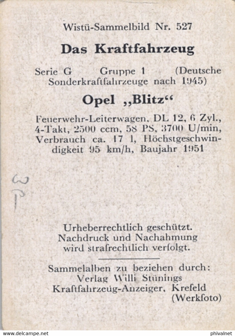 CROMO / CHROMO CHOCOLATE WISTÜ SAMMELBILD NR. 205 -  OPEL " BLITZ " , CAR , COCHE , AUTO , AUTOMÓVIL , WAGEN , FEUERWEHR - Altri & Non Classificati