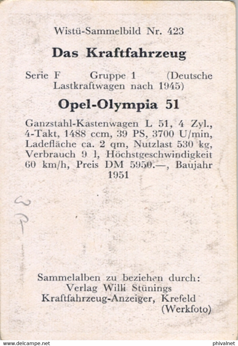 CROMO / CHROMO CHOCOLATE WISTÜ SAMMELBILD NR. 423 -  OPEL OLYMPIA 51 , CAR , COCHE , AUTO , AUTOMÓVIL , WAGEN , KASTEN - Autres & Non Classés