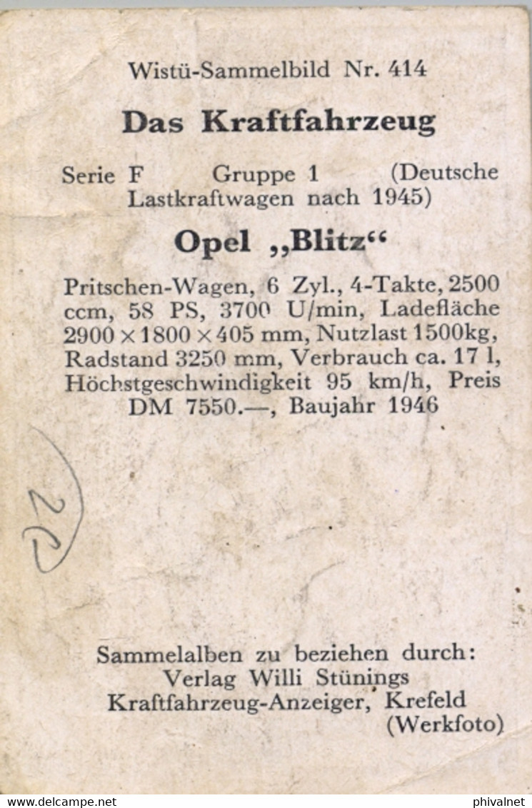 CROMO / CHROMO CHOCOLATE WISTÜ SAMMELBILD NR. 41 -  OPEL " BLITZ "  , CAR , COCHE , AUTO , AUTOMÓVIL , WAGEN , PRITSCHEN - Altri & Non Classificati