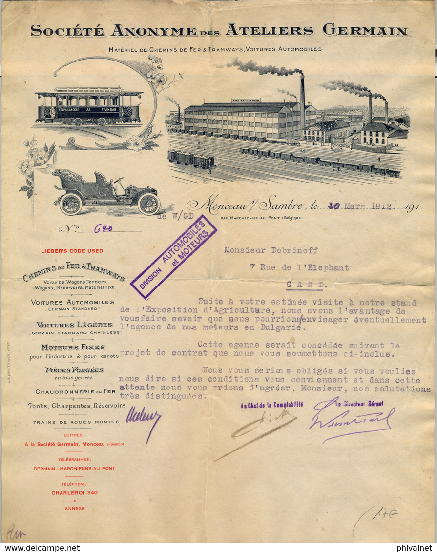 1912 BÉLGICA , DOCUMENTO COMERC. SOCIÉTÉ ANONYME DES ATELIERS GERMAIN , CHEMINS DE FER & TRAMWAYS , VOITURES AUTOMOBILES - 1900 – 1949