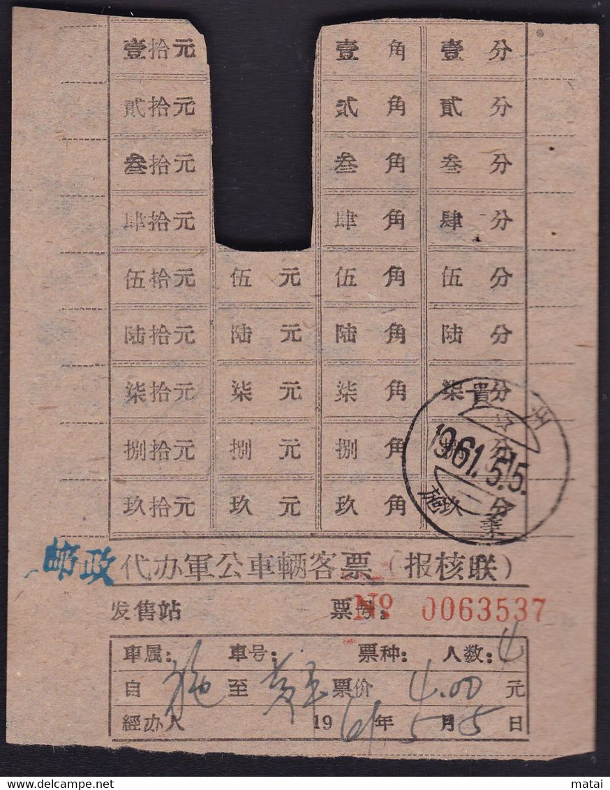 CHINA 1961.5.5  GUIZHOU SHIBING TO HUANGPING 邮政代办军公车辆客票票 Postal Agency For Military Bus Tickets WITH POSTMARK RARE!! - Zonder Classificatie