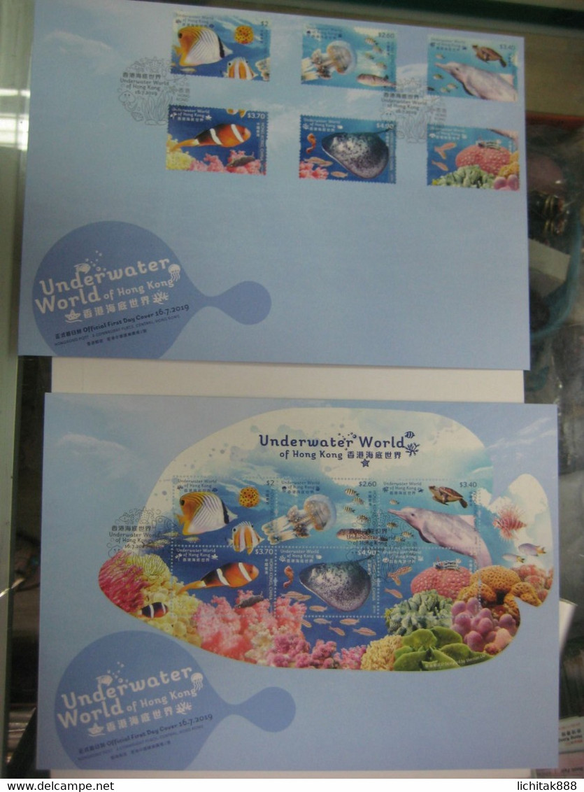 Hong Kong Underwater World 2019 Marine Life Stamps And M/S FDC Fish Coral Turtle Dolphin Reef - FDC