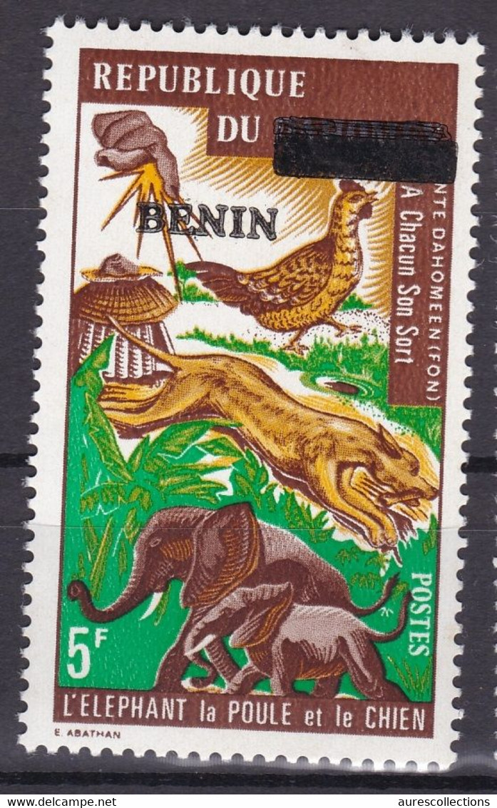 BENIN 1993 MICHEL 539 5F Val. 85€ - CONTE ELEPHANT ELEPHANTS CHICKEN CHIEN DOG DOGS OVERPRINT SURCHARGE OVERPRINTED MNH - Bénin – Dahomey (1960-...)