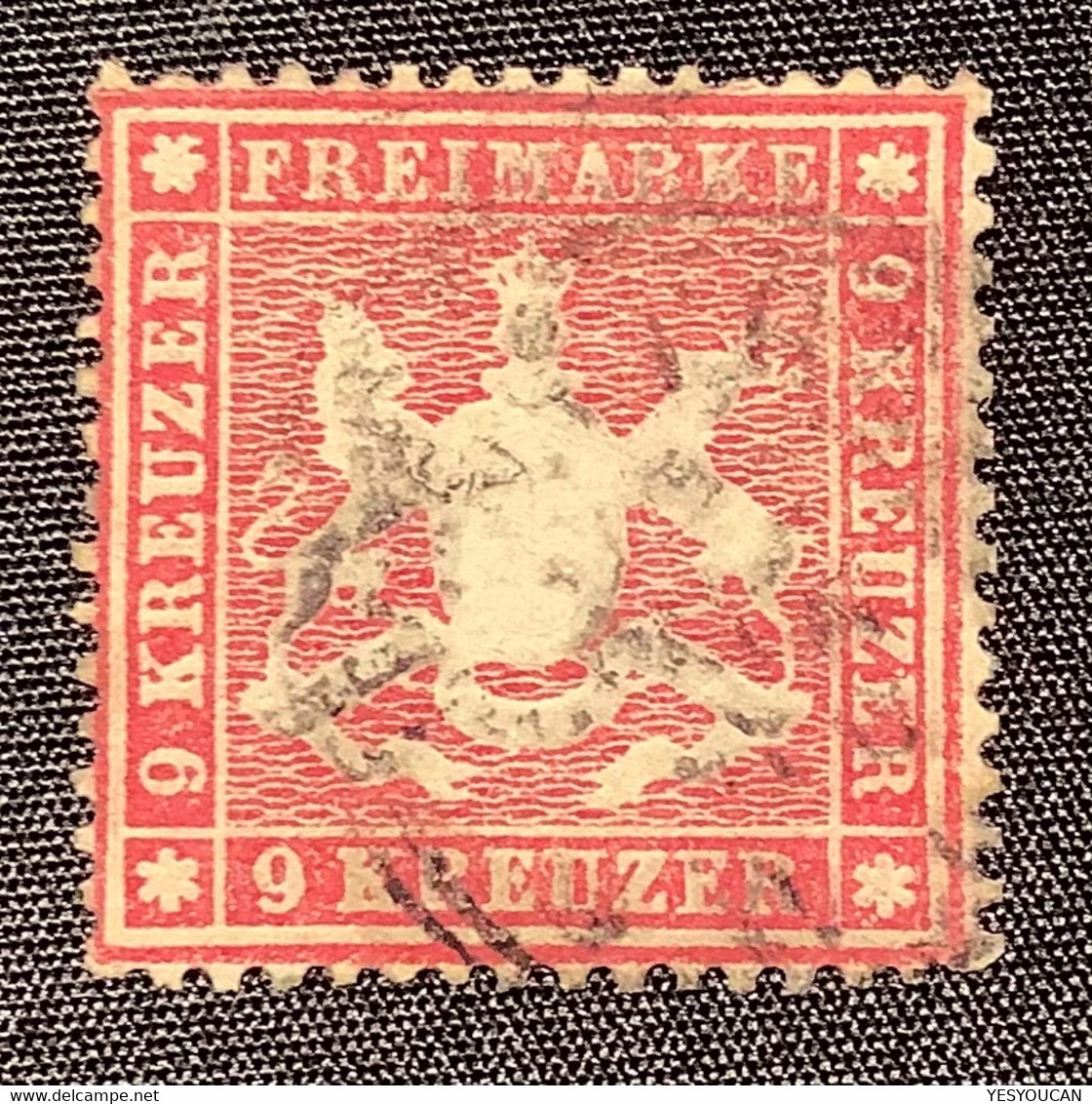 Mi.19ya Gepr Heinrich BPP Württemberg 1861 9Kr. Karmin Auf Dünnen Papier Gestempelt  (Wurtemberg Used - Oblitérés