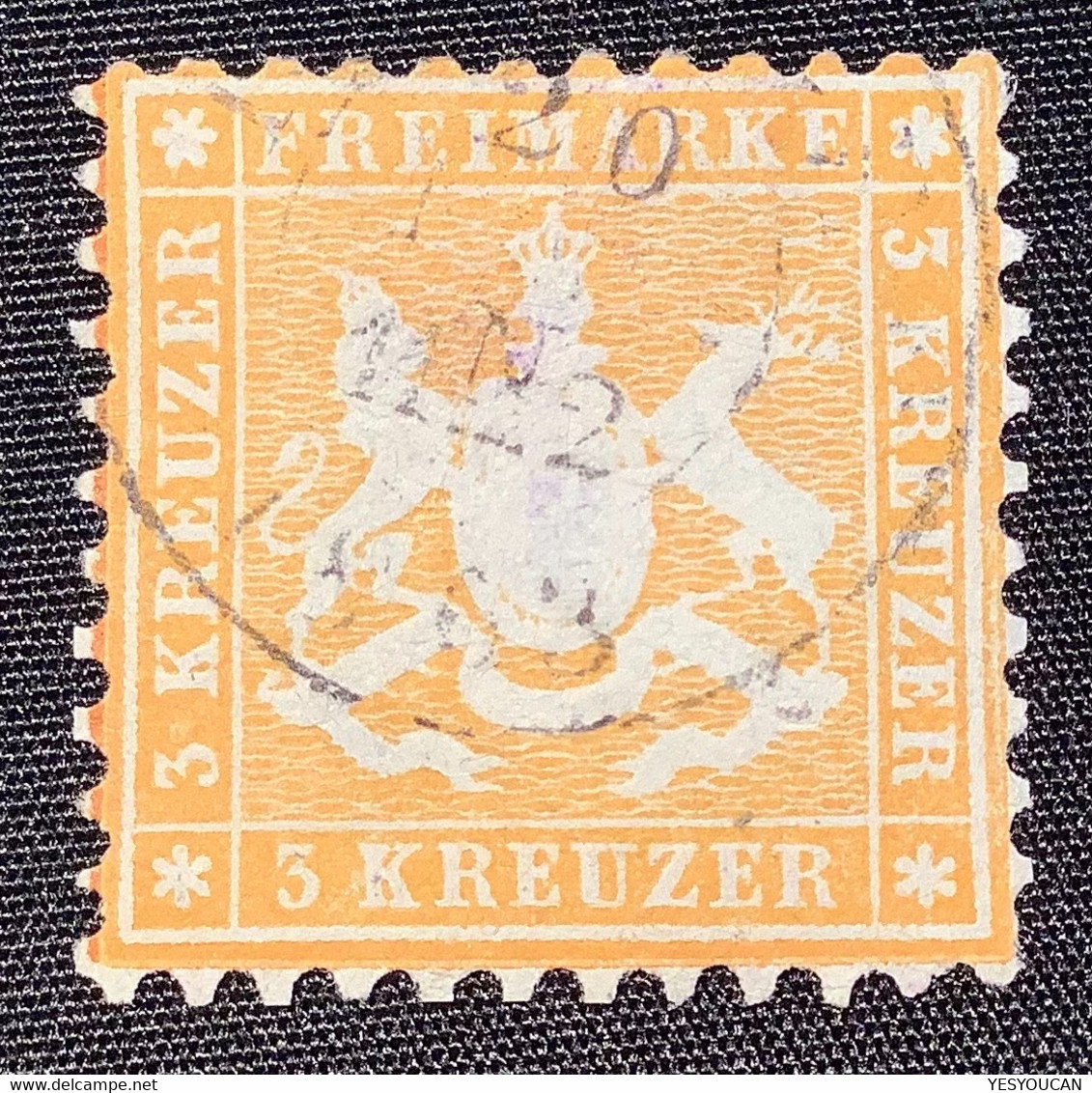 Mi.22b DIE GUTE FARBE Gepr Heinrich BPP, Württemberg 1862 3 Kr. GELB Gezähnt 10 Gestempelt  (Wurtemberg Used - Oblitérés