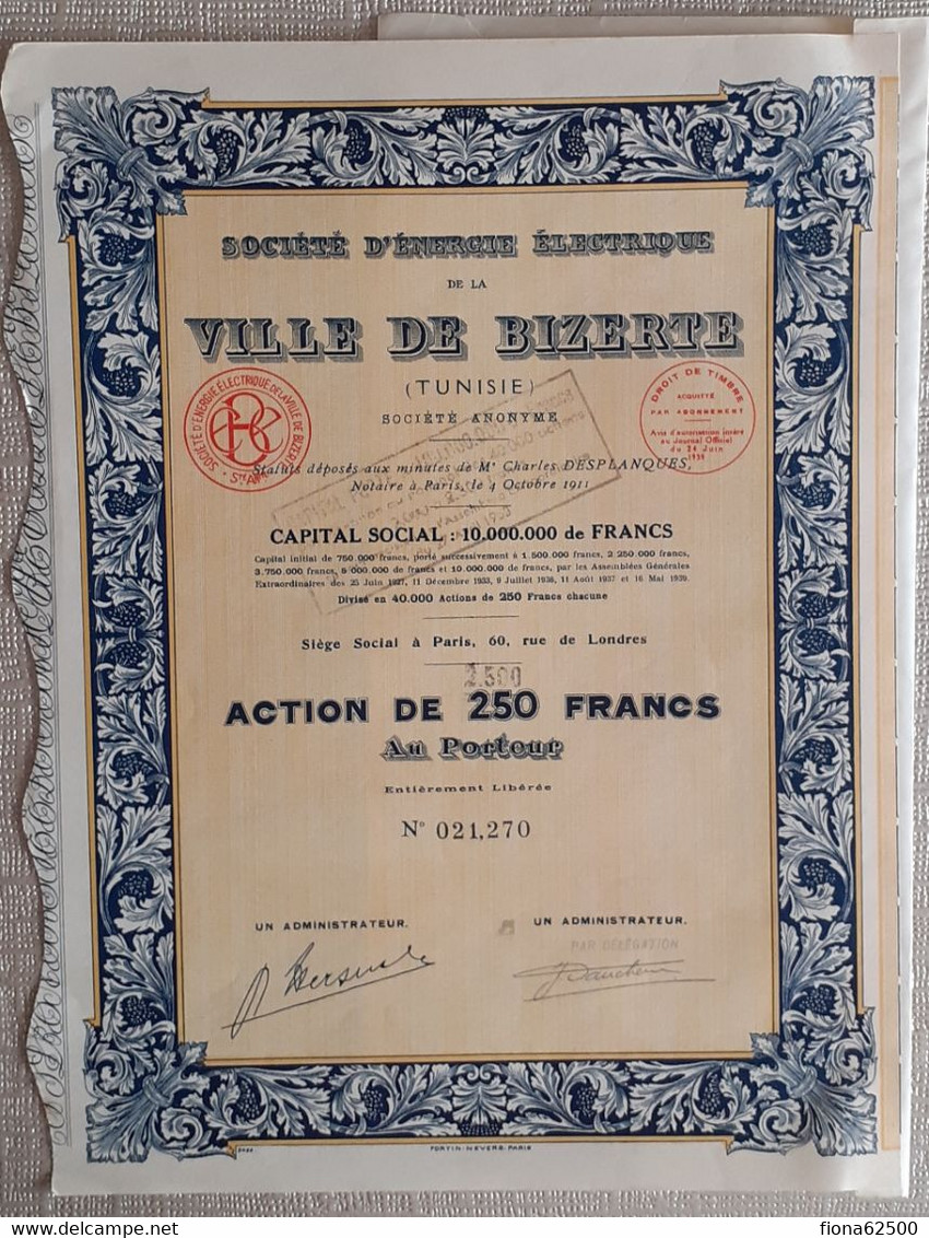 SOCIETE D'ENERGIE ELECTRIQUE DE LA VILLE DE BIZERTE ( TUNISIE ) . ACTION DE 250 FRANCS AU PORTEUR . - Electricidad & Gas