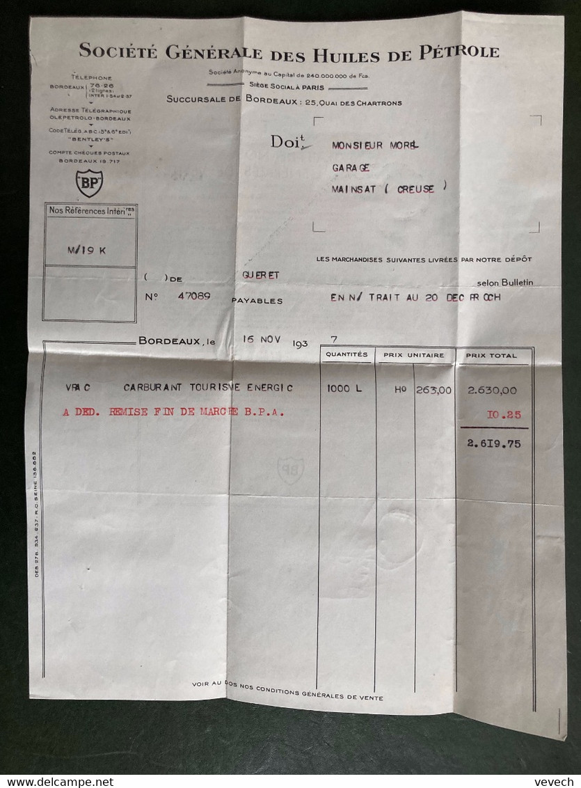 LETTRE TP PAIX 50c Perforé BP OBL.MEC.22 XI 1937 BORDEAUX BOURSE GIRONDE SOCIETE GENERALE DES HUILES DE PETROLE+FACTURE - Covers & Documents