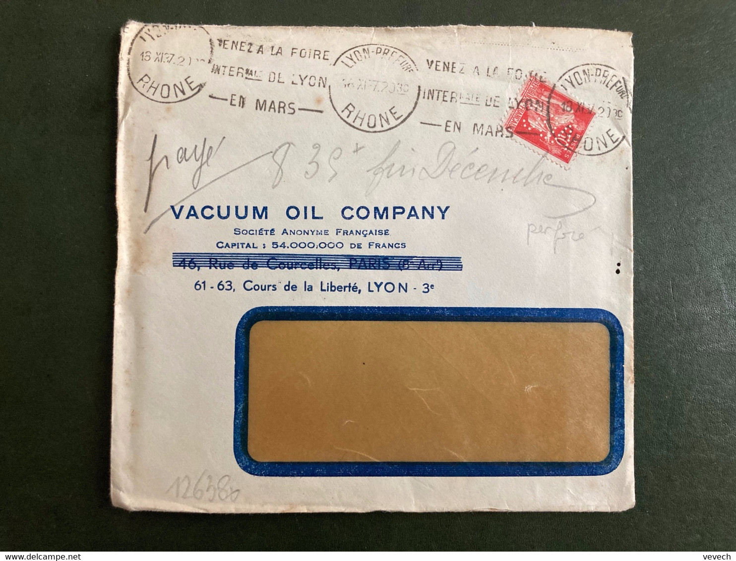 LETTRE TP PAIX 50c Perforé VOC OBL.MEC.18 XI 37 LYON PREFure RHONE (69) VACUUM OIL COMPANY + 3 FACTURES - Covers & Documents