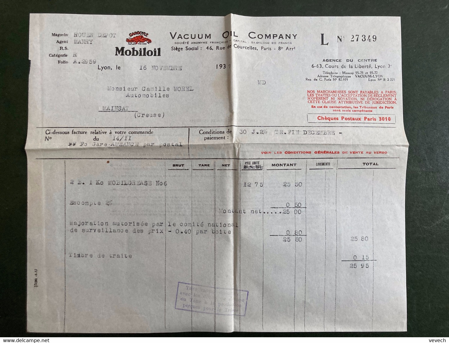 LETTRE TP PAIX 50c Perforé VOC OBL.MEC.18 XI 37 LYON PREFure RHONE (69) VACUUM OIL COMPANY + 3 FACTURES - Covers & Documents