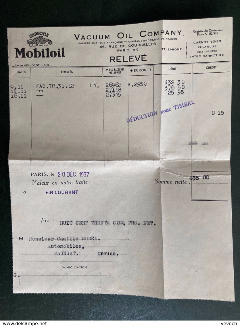 LETTRE TP PAIX 50c Perforé VOC OBL.MEC.18 XI 37 LYON PREFure RHONE (69) VACUUM OIL COMPANY + 3 FACTURES - Covers & Documents