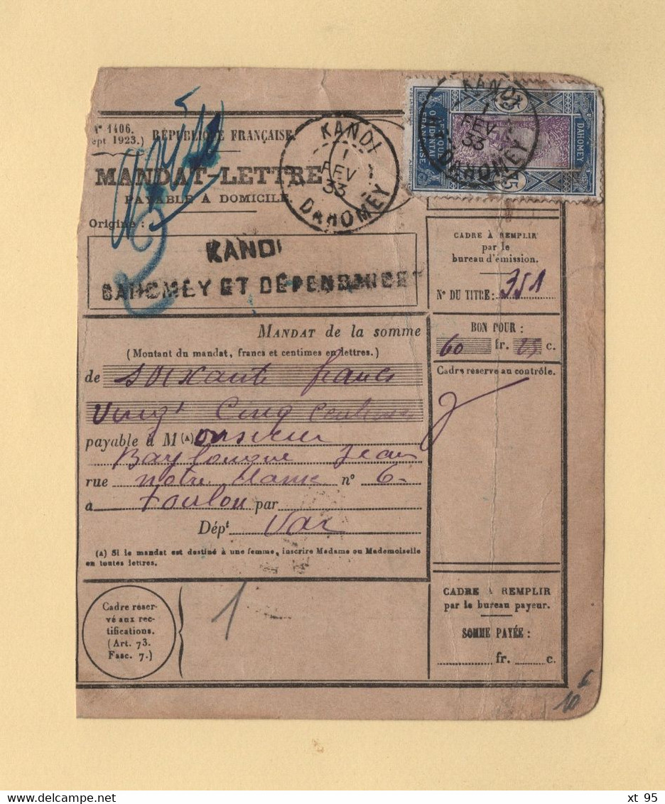 Dahomey - Kandi - 1933 - Recipisse De Mandat - Lettres & Documents