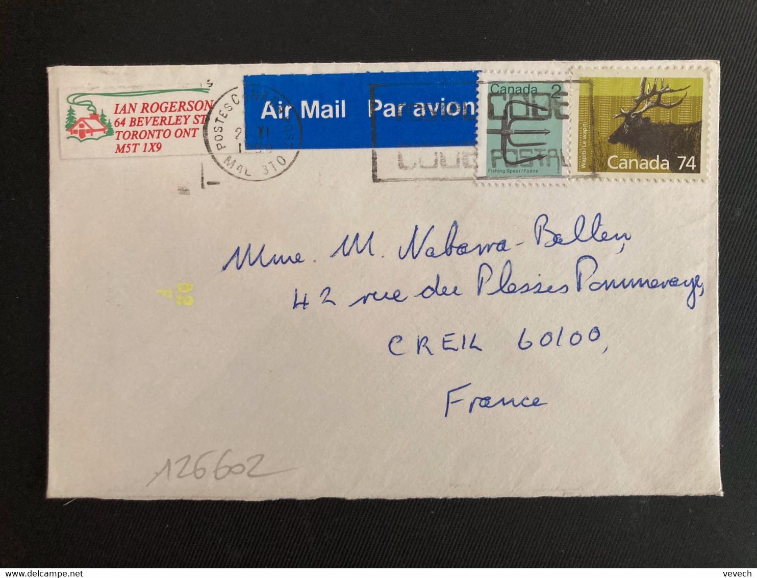 LETTRE Par Avion TP WAPITI 74 + FOENE 2 OBL.MEC.27 XI 1999 POSTES CANADA POST + VIGNETTE CANADA 1989 - Briefe U. Dokumente