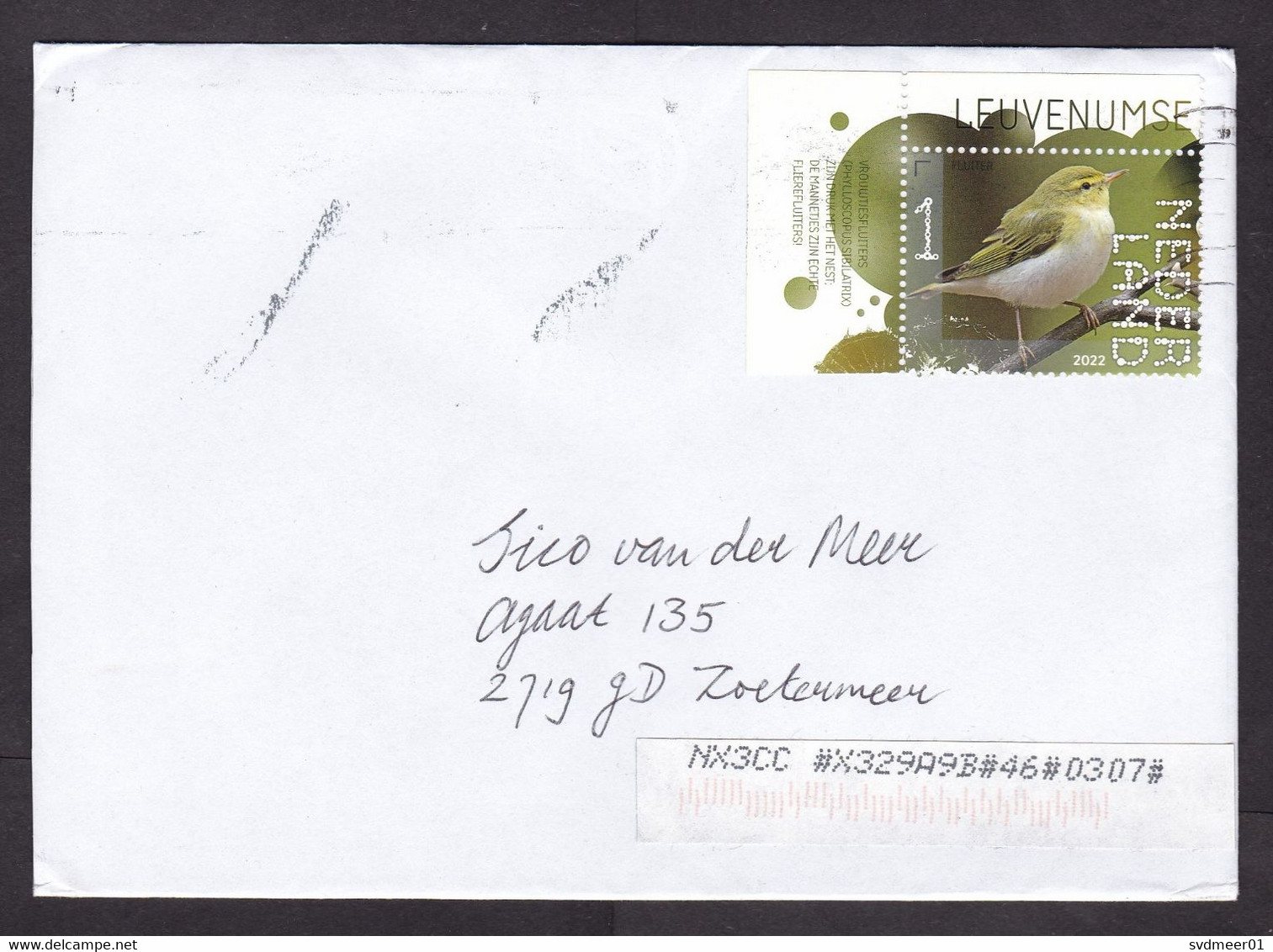 Netherlands: Cover, 2022, 1 Stamp + Tab, Bird, Endangered Animal, Small Sorting Label (ugly Cancel) - Storia Postale