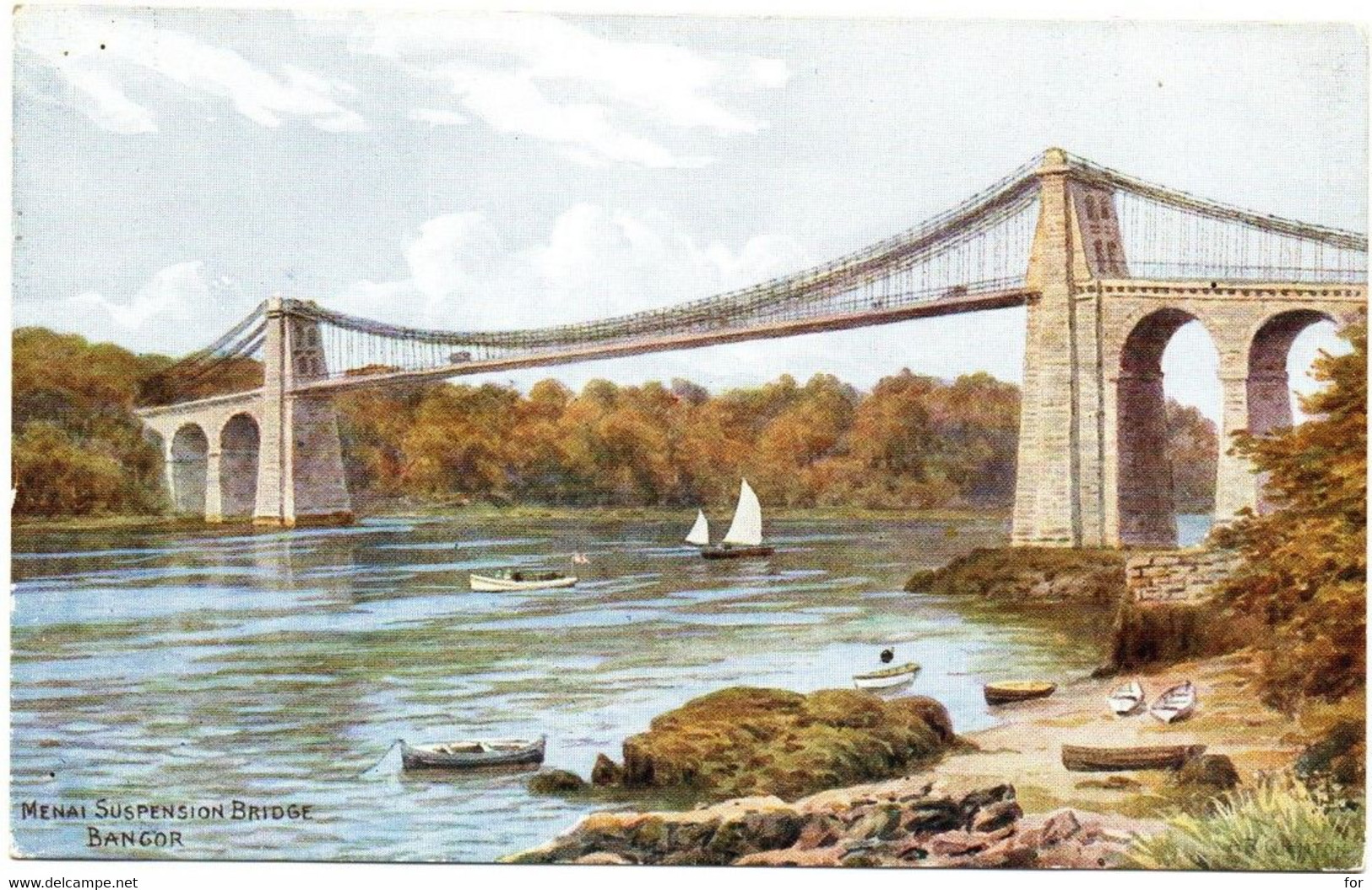 Illustrateur : A. R. , QUINTON  : Menai Suspension Bridge - Bangor : Anglesey : N° 3155 - Quinton, AR