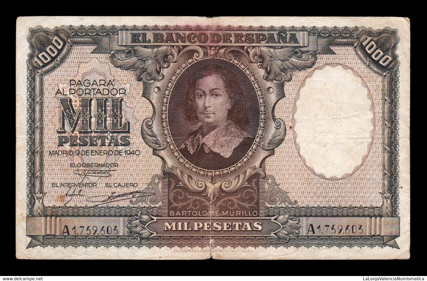 España Spain 1000 Pesetas Bartolome Murillo 1940 Pick 120 Serie A  T. 603 BC+ F+ - 1000 Peseten