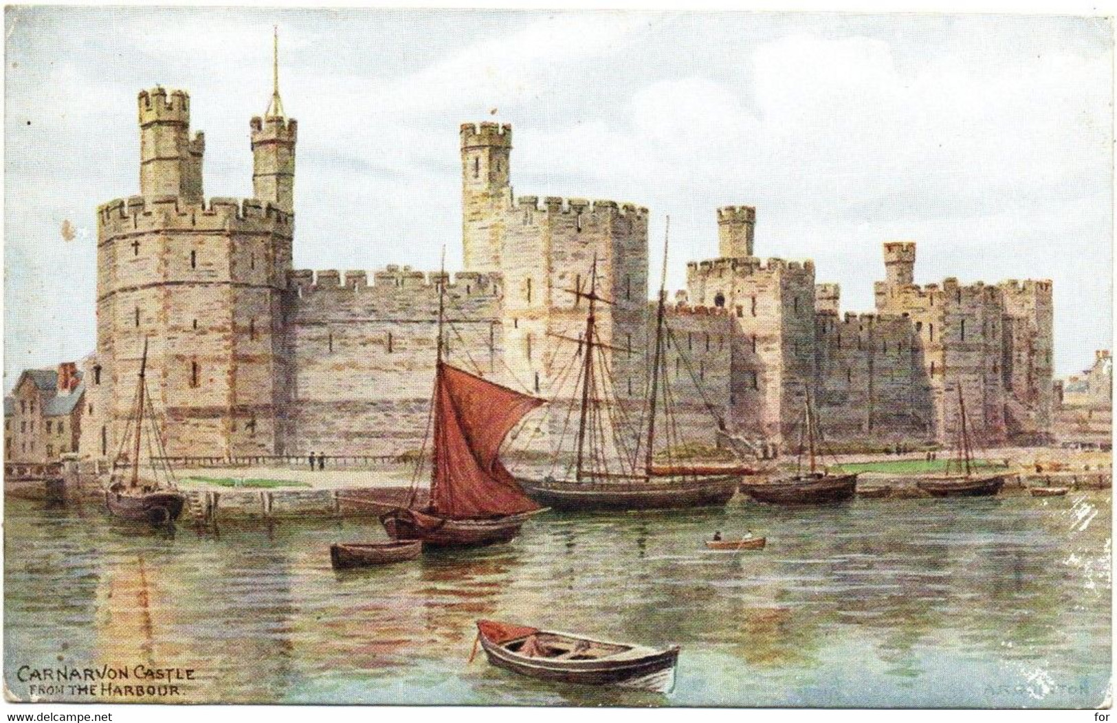 Illustrateur : A. R. , QUINTON  : Carnarvon Castle - From The Harbourg : N° 3151 : Bateaux - Voiliers - Quinton, AR
