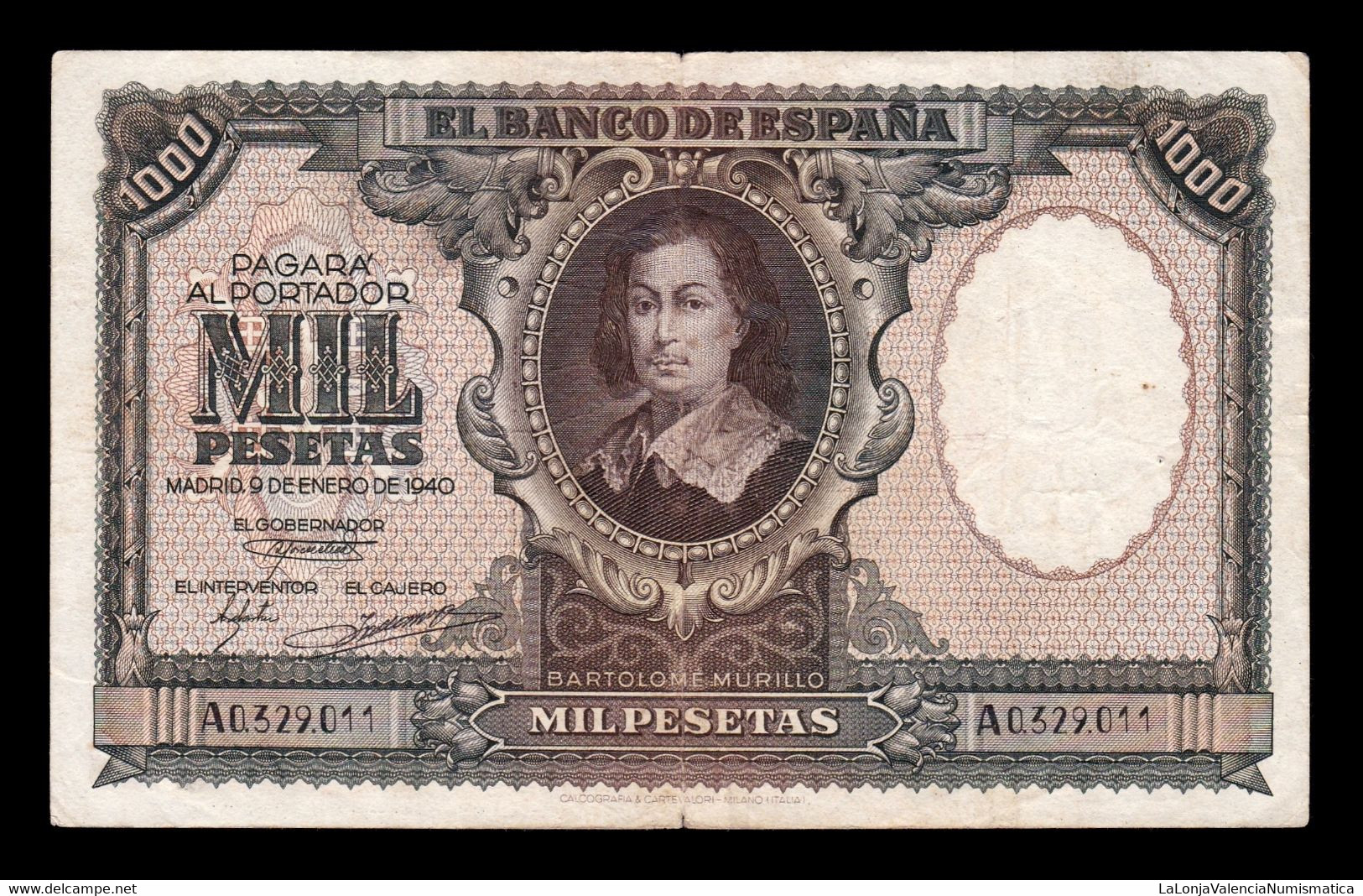 España Spain 1000 Pesetas Bartolome Murillo 1940 Pick 120 Serie A  T. 011 BC/MBC F/VF - 1000 Pesetas