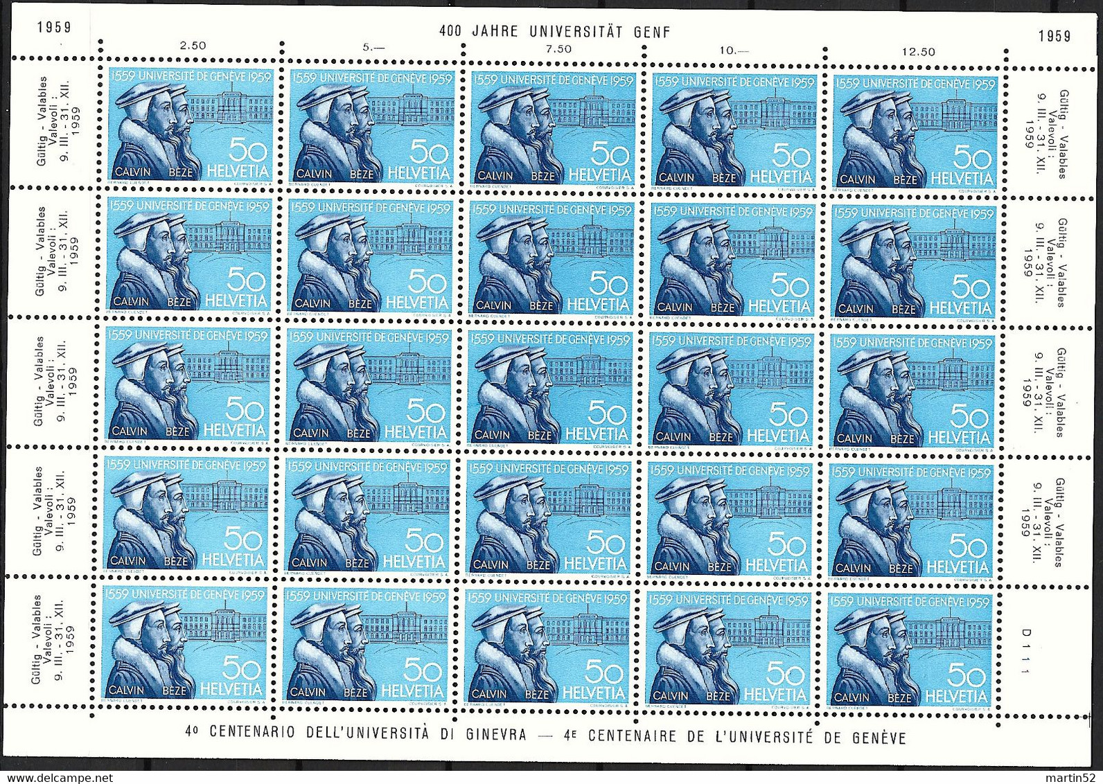 Schweiz Suisse 1959: Zu 346 Mi 671 Yv 624 UNIVERSITÉ DE GENÈVE (Jean Calvin & Th.de Bèze) ** MNH (Zu CHF 37.50) - Teologi