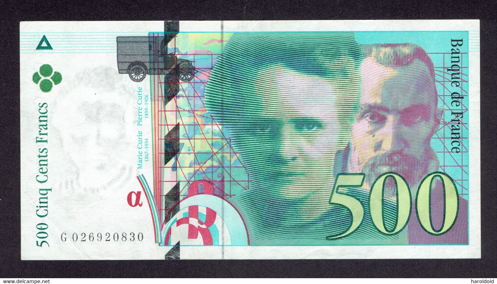 BILLET 500 Fr 1994 ''Pierre Et Marie Curie'' - G 026920830 - 2 TROUS D'EPINGLE - 1 PLI D'ANGLE - TTB - 500 F 1994-2000 ''Pierre En Marie Curie''