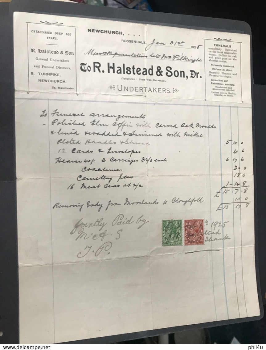 1925 GB Funerals Related Undertakers Invoice £15.17.8 About 97years Old - Royaume-Uni