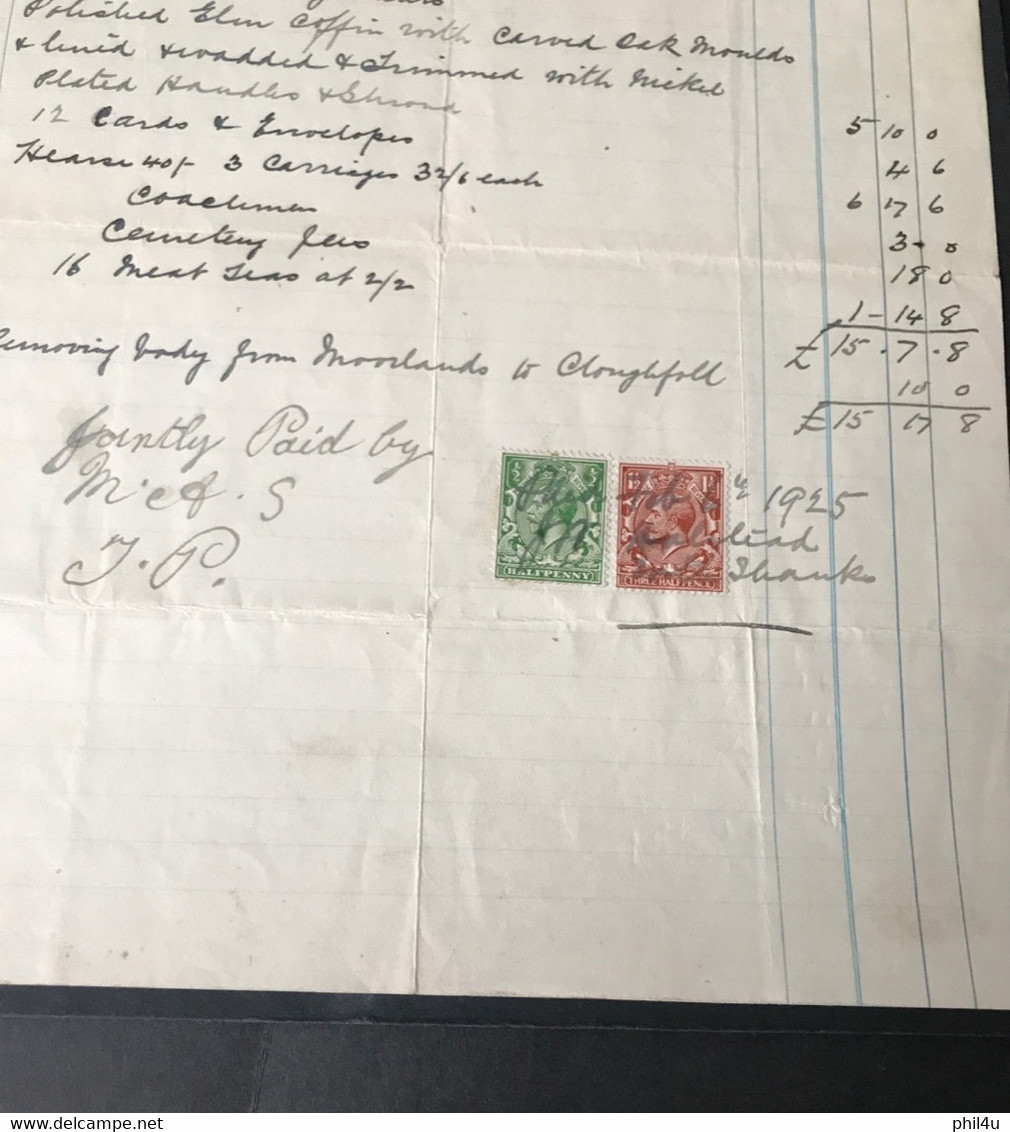 1925 GB Funerals Related Undertakers Invoice £15.17.8 About 97years Old - Royaume-Uni