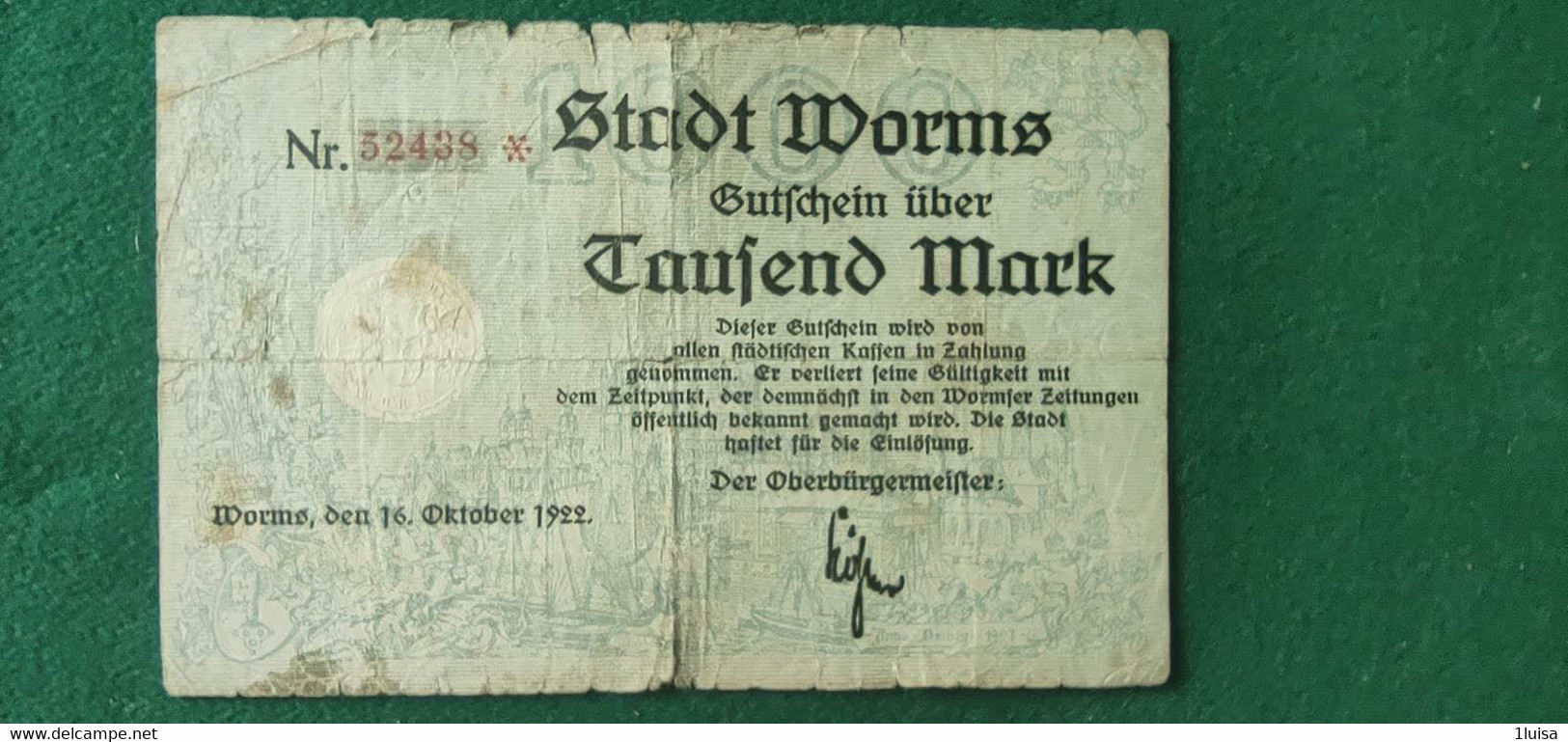 GERMANIA WORMS 1000 MARK 1922 - Lots & Kiloware - Banknotes