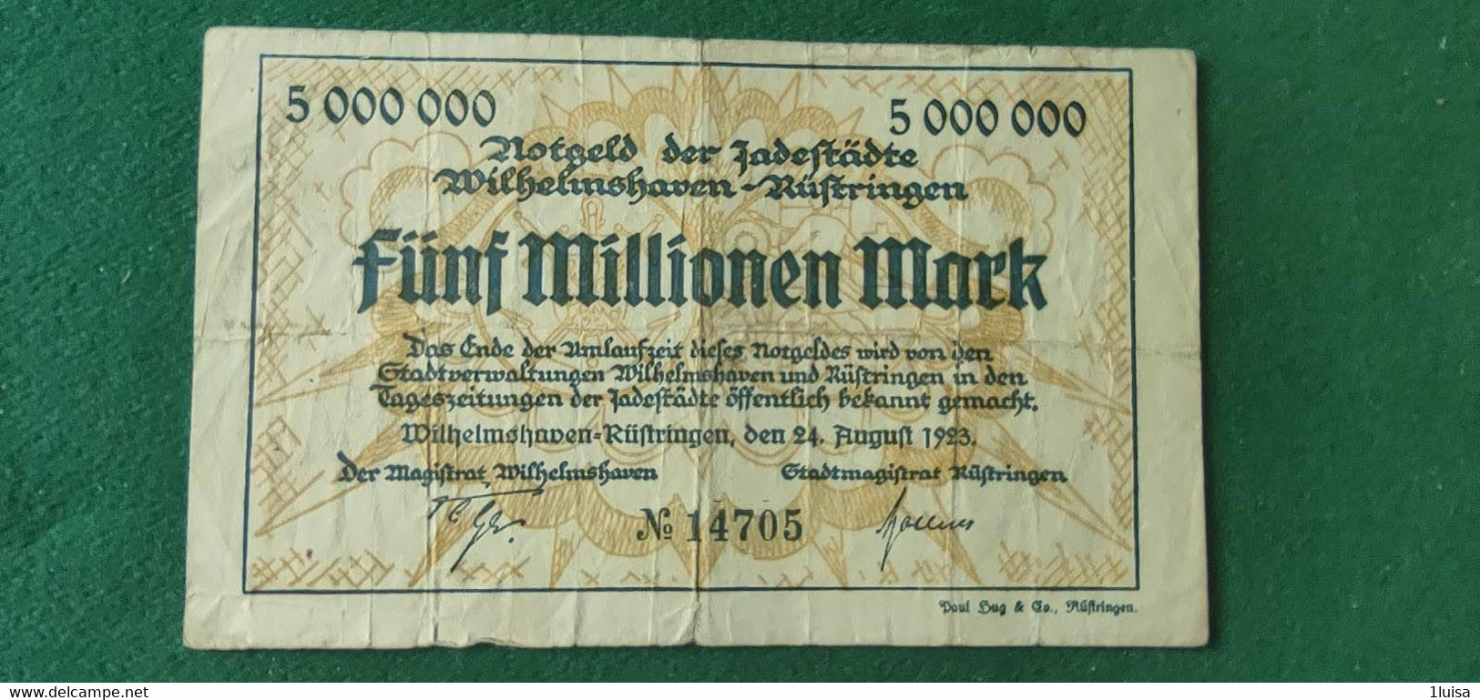 GERMANIA WILHELMSHAVEN 5 Milioni  MARK 1923 - Kilowaar - Bankbiljetten