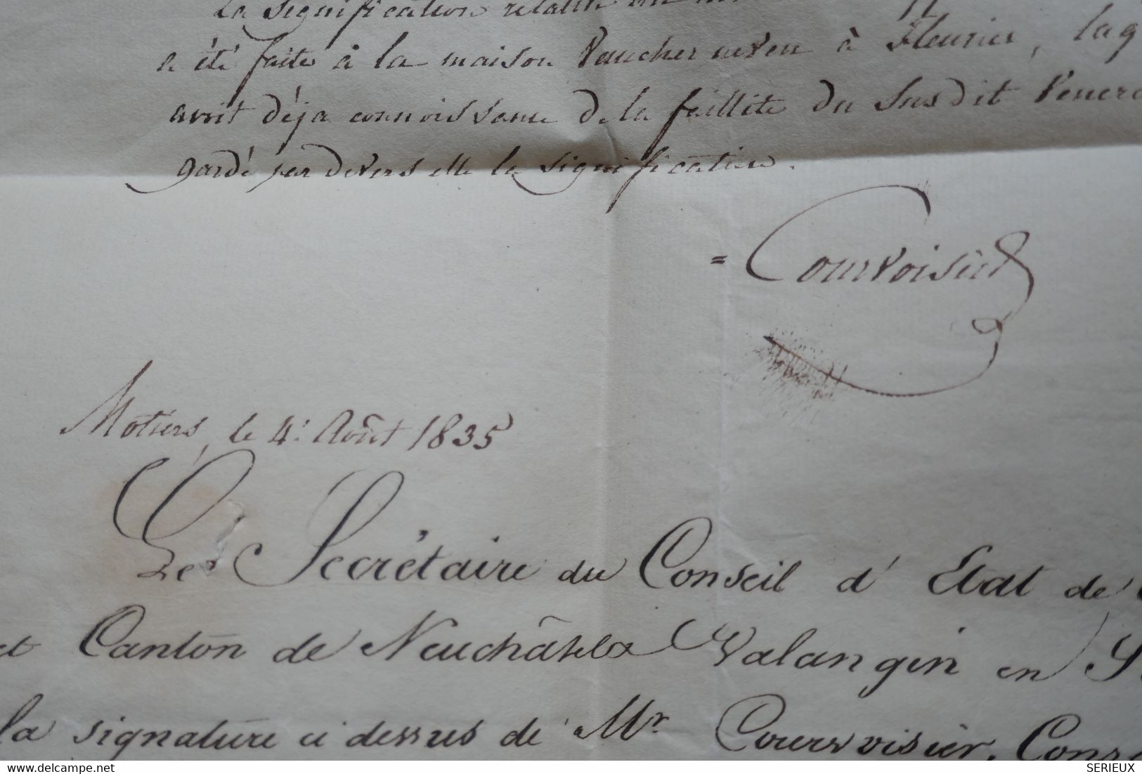 BD1 SUISSE BELLE LETTRE RRR  1835 PETIT BUREAU MOTIERS   A NEUFCHATEL    ++CONSEIL D ETAT++AFFRANCH. INTERESSANT - ...-1845 Préphilatélie