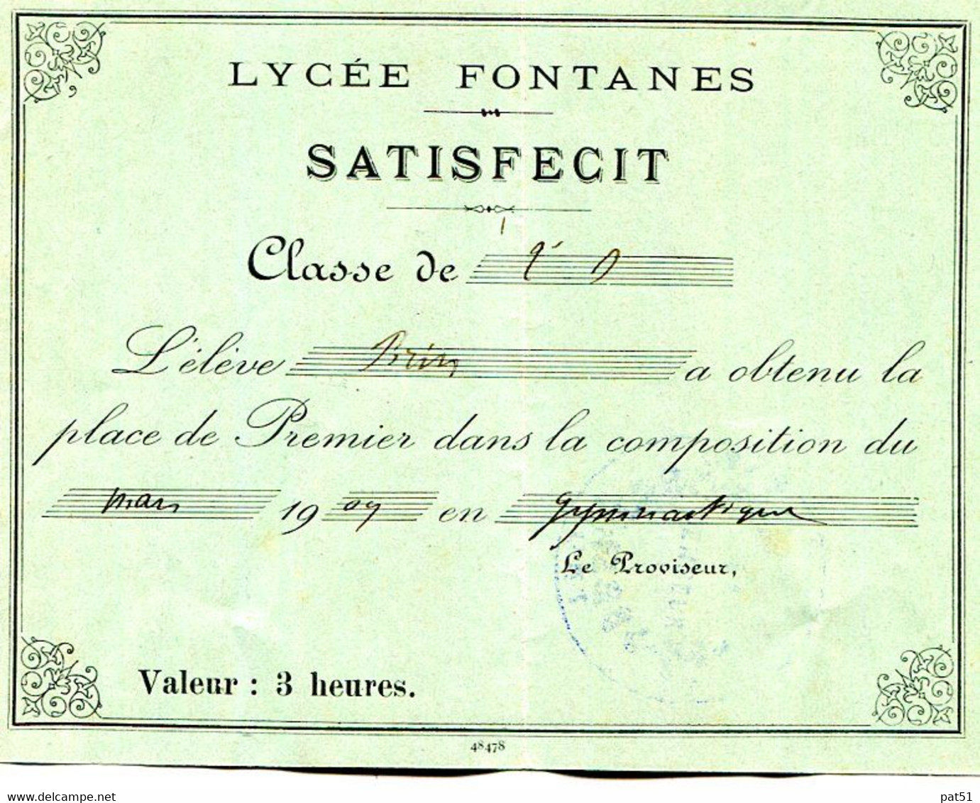 79 - Niort : Lycée Fontanes - Bon Point / Billet De Satisfaction - Satisfecit - Vert - Niort