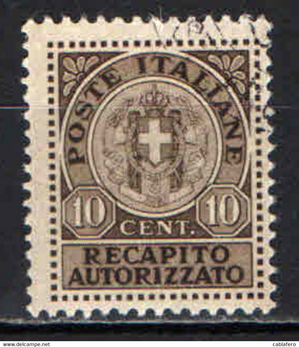 ITALIA REGNO - 1930 - RECAPITO AUTORIZZATO - STEMMA IN CERCHIO - USATO - Pneumatic Mail